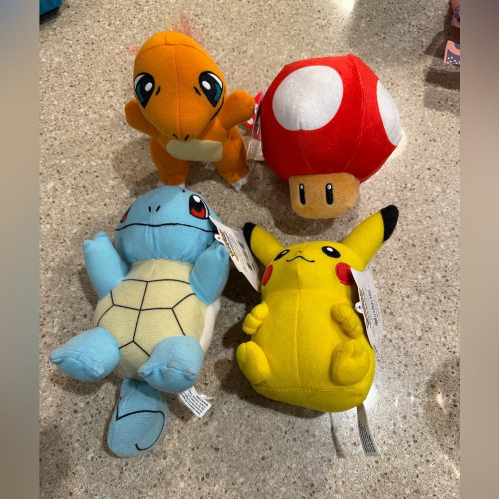 Plush Bundle - Yellow Pikachu, Blue Squirtle, Orange Charmander, Red Mushroom